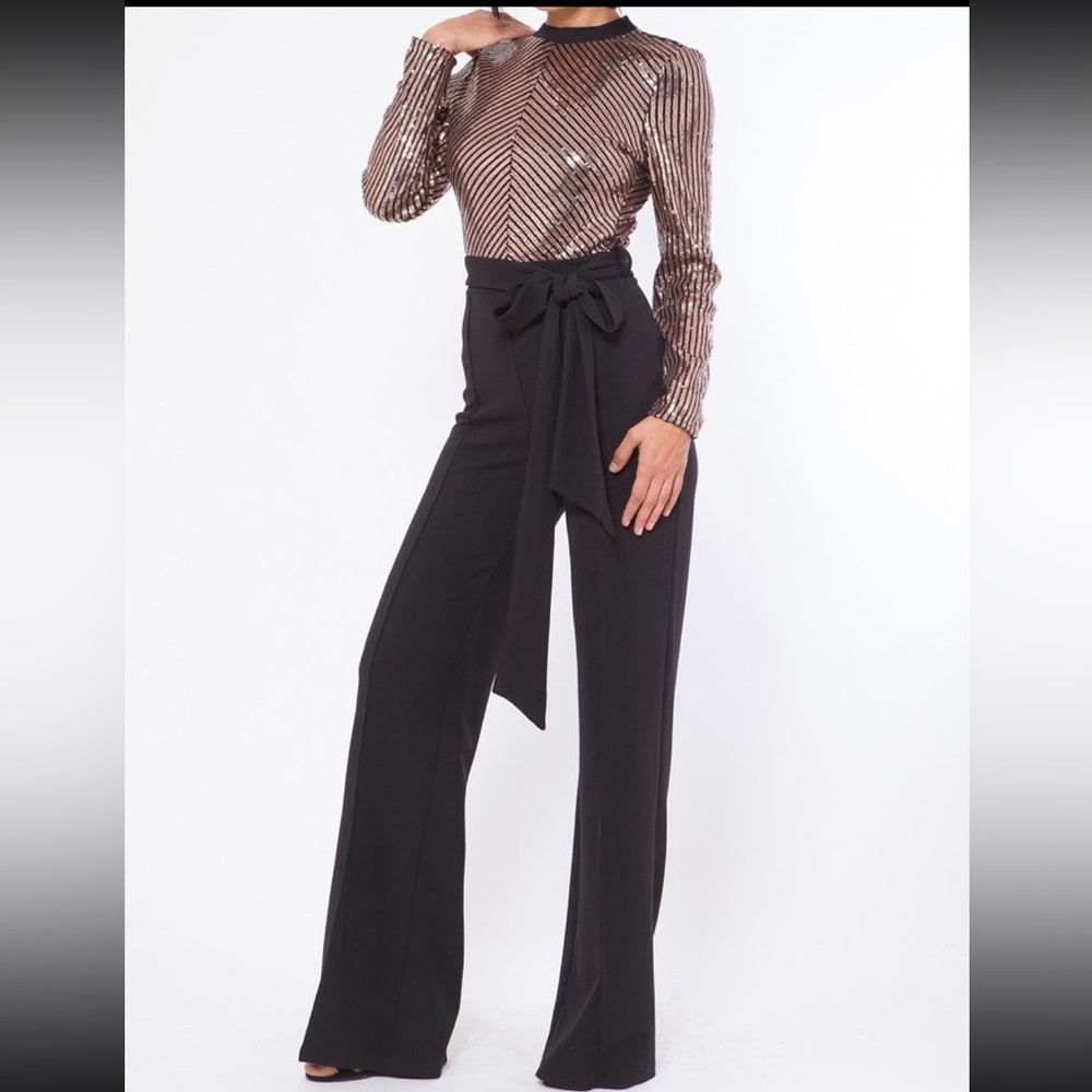 Rose gold sequin and black jumpsuit with an open back-NWT